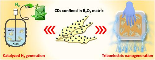 Biomass-derived carbon dots embedded in B2O3 matrix with high proton density: A role as metal-free catalyst and hydrogel fillers for renewable energy applications