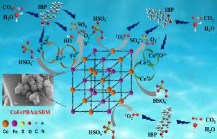 CoFe Prussian blue analogue nanospheres doped on porous biochar for enhanced ibuprofen degradation via peroxymonosulfate activation