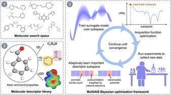 Adaptive subspace Bayesian optimization over molecular descriptor libraries for data-efficient chemical design