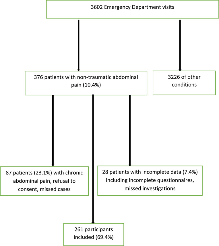 Acute non-traumatic abdominal pain presenting to emergency unit of a university teaching hospital in Rwanda.