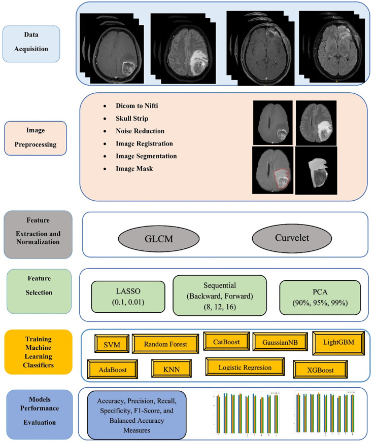 Evaluating machine learning models for post-surgery treatment response assessment in glioblastoma multiforme: a comparative study of gray level co-occurrence matrix (GLCM), curvelet, and combined radiomics features selected by multiple algorithms.