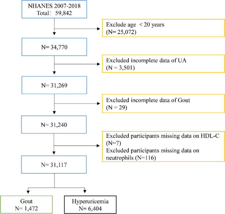Association between neutrophil-to-HDL cholesterol ratio and the risk of gout or hyperuricemia: evidence from NHANES 2007-2018.
