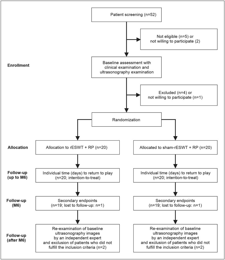 Radial ESWT combined with a specific rehabilitation program (rESWT+RP) is more effective than sham rESWT+RP for acute hamstring muscle complex injury type 3b: a randomized, controlled trial.
