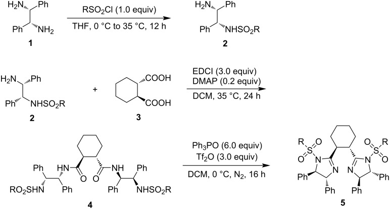 Synthesis of chiral cyclohexane-linked bisimidazolines.