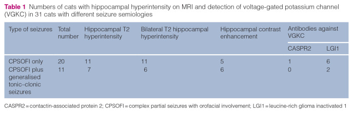 Complex partial seizures with orofacial involvement in 35 cats: MRI changes, cerebrospinal fluid analysis, voltage-gated potassium channel antibodies and survival.