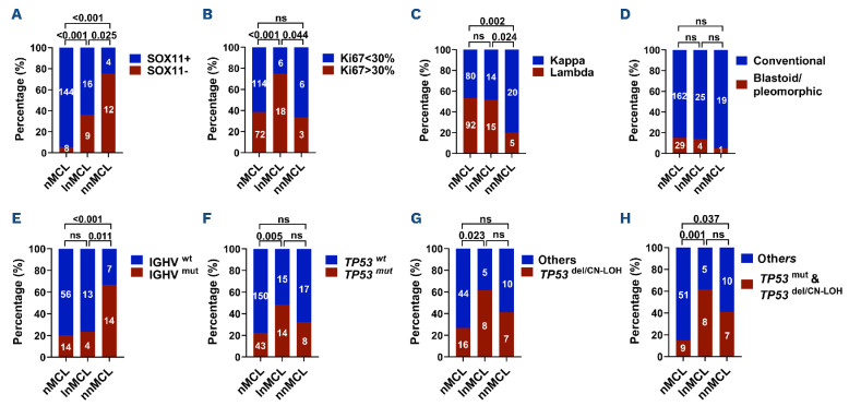 Leukemic presentation in nodal mantle cell lymphoma is characterized by frequent SOX11 negativity, a poor risk genomic landscape including higher TP53 alterations, and worse overall survival.