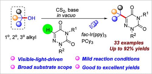 Photoredox-Catalyzed Deoxygenative C–H Alkylation of Azauracils via Xanthate-Activated Alcohols