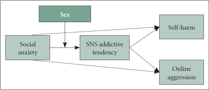 Online Aggressive Behavior, Self-Harm Behavior, and Social Anxiety: The Mediating Effect of Social Network Sites Addictive Tendency and the Moderating Effect of Sex.