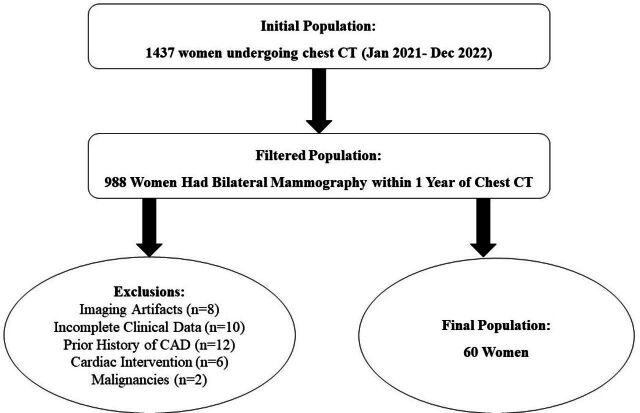 Relationship between the prevalence of breast arterial calcifications on mammography and coronary calcifications on Chest CT: A cross-sectional study.