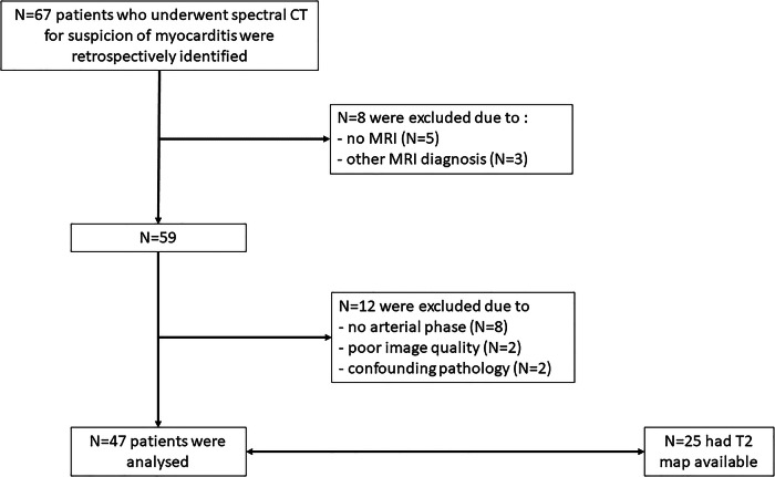 Appearance of myocarditis lesions on spectral CT arterial acquisitions and correlation with edema on MRI.