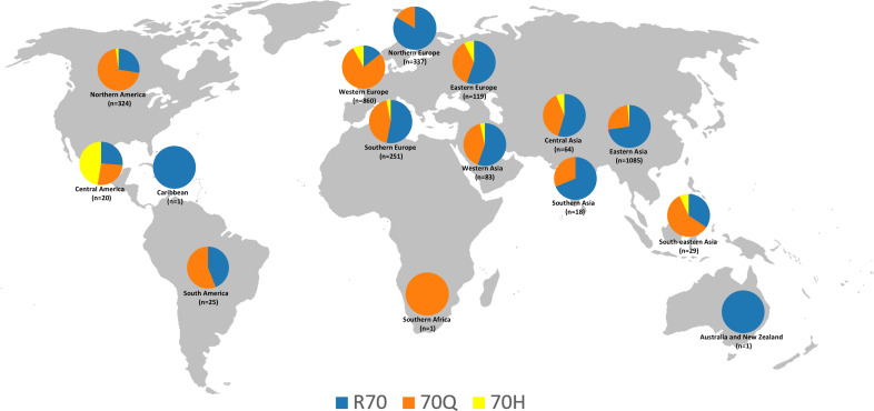 Global distribution and temporal analysis of R70Q/H oncogenic mutations in hepatitis C virus subtype 1b core protein.