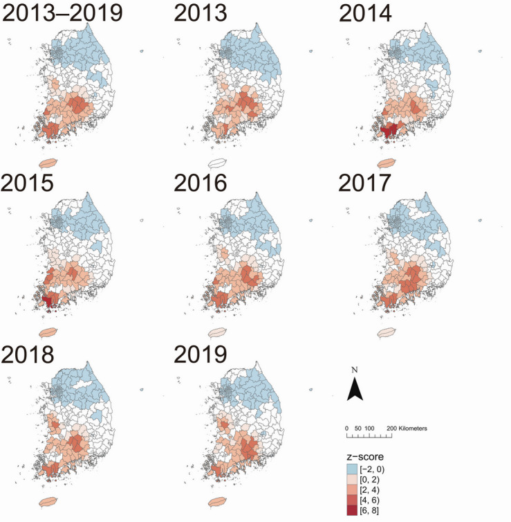 Distribution and Risk Factors of Scrub Typhus in South Korea, From 2013 to 2019: Bayesian Spatiotemporal Analysis.