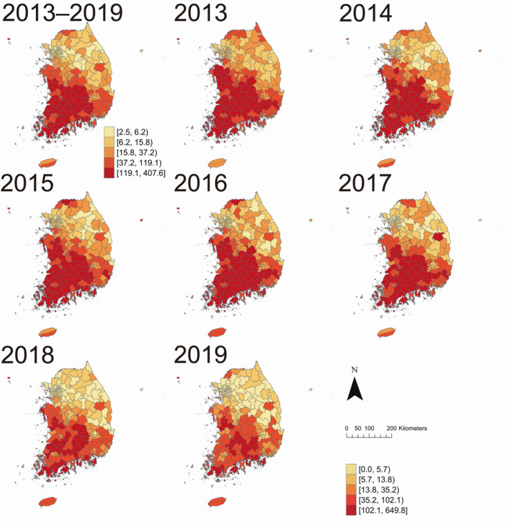 Distribution and Risk Factors of Scrub Typhus in South Korea, From 2013 to 2019: Bayesian Spatiotemporal Analysis.