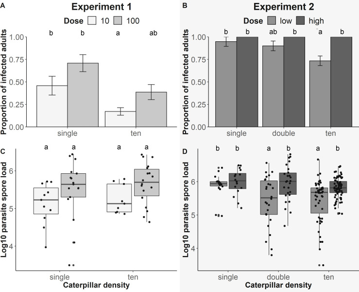 Crowding reduces per-capita parasite infection risk in a butterfly host.