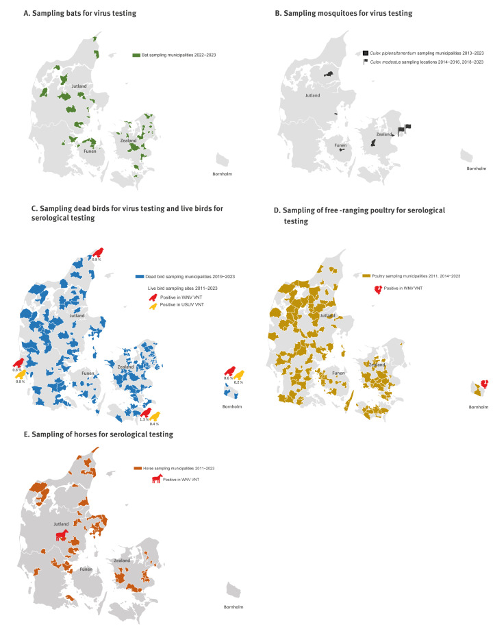 A decade of West Nile virus surveillance in the host and vector populations of Denmark, 2011 to 2023.