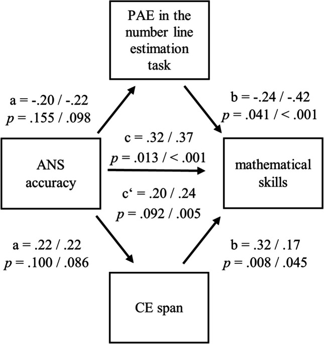 Differential contributions of approximate number system, number line estimation, and working memory to mathematical skills in preschool and primary school.