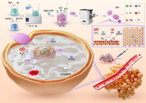 Dual-Single-Atom Ruthenium–Copper Anchored on Magnesium–Aluminum Layered Double Hydroxide Enhancing Dual-Enzymatic Activities for Synergistic Anti-Liver Cancer Therapy