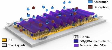 SAW humidity sensor with oleic acid-modified SiO2 microsphere-supported GO film and acoustic wave driving optimization: Rapid response and low hysteresis