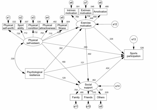 The mechanism of how adolescents' physical self-esteem and psychological resilience influence sports participation: the chain mediating roles of exercise motivation and social support.