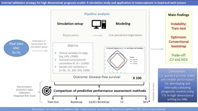 Internal validation strategy for high dimensional prognosis model: A simulation study and application to transcriptomic in head and neck tumors.