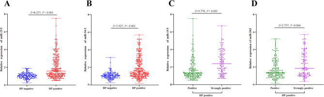 Relationship between the degree of Helicobacter pylori infection and miR-155 and miR-543 expression levels in gastric cancer.