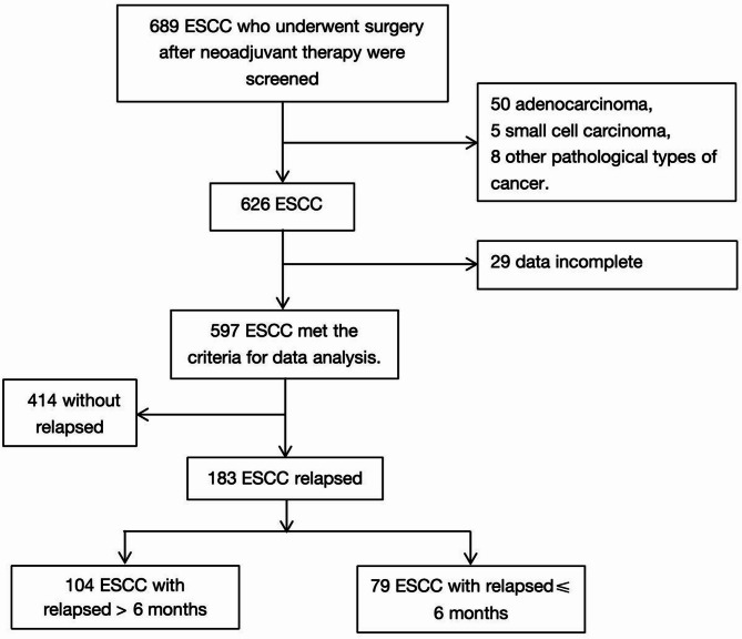 Risk factors and prognosis of postoperative early relapse after neoadjuvant therapy for locally advanced esophageal squamous cell carcinoma: a retrospective study.