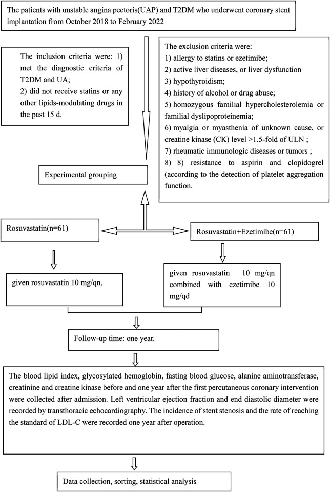 The incidence of coronary in-stent restenosis and the rate of reaching the standard of low-density lipoprotein cholesterol in patients with type 2 diabetes mellitus and unstable angina pectoris treated with ezetimibe and rosuvastatin.