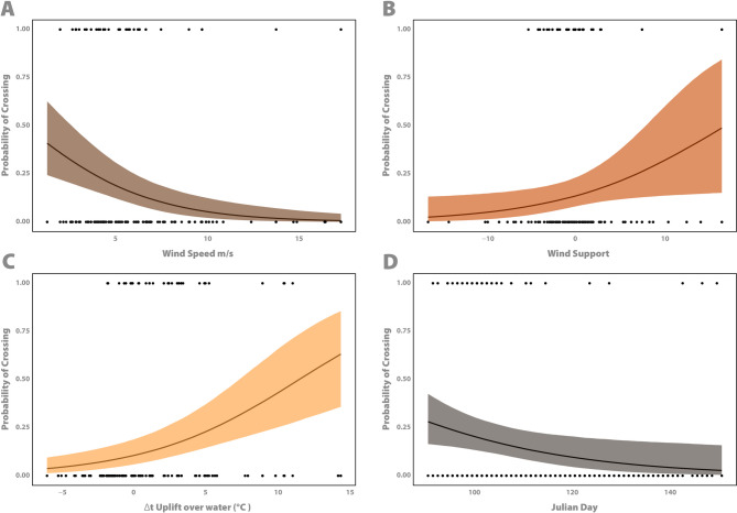 Crossing the Straits of Mackinac: over-water uplift, wind support and low wind speed facilitates water crossings by a soaring migrant during pre-breeding spring migration.