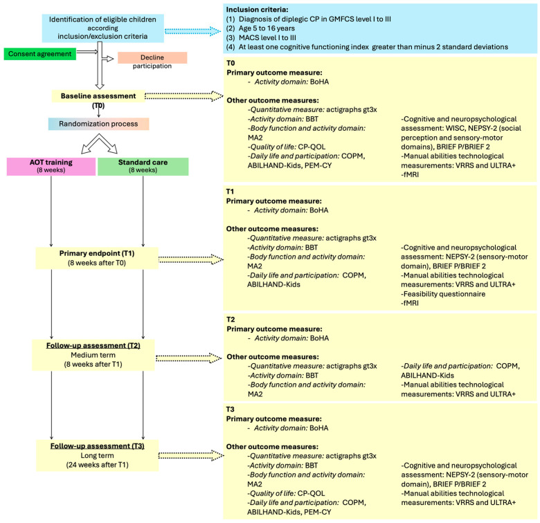 ACT-ON-DIP: Study Protocol of a Randomized Controlled Trial of a Home-Based ACTion Observation Tele-RehabilitatioN for Upper Limb in Children with DIPlegic Cerebral Palsy.