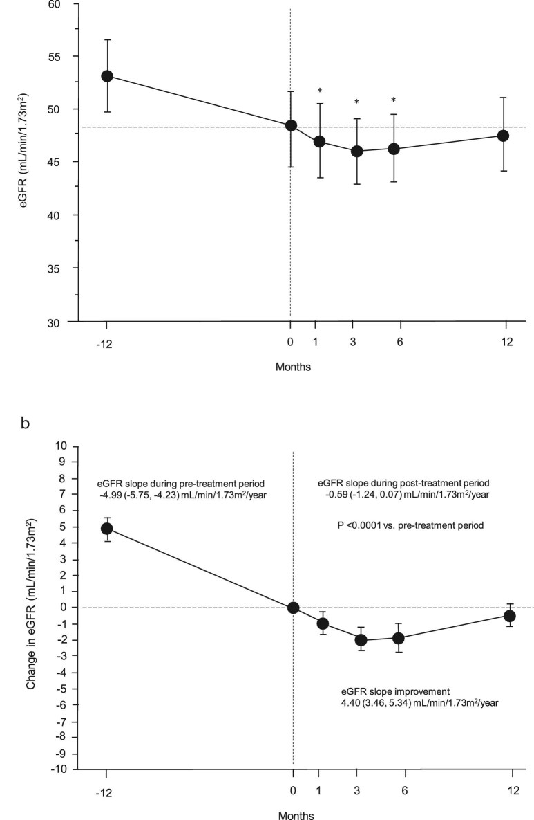 Real-world analysis of the impact of finerenone on estimated glomerular filtration rate and albuminuria in patients with diabetic kidney disease.