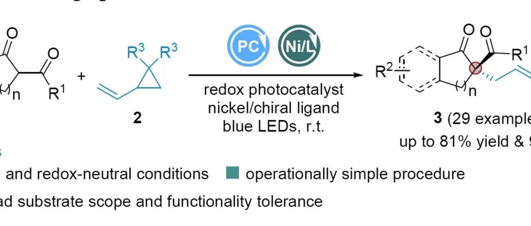 华中师范大学陈加荣与肖文精团队：可见光/镍协同催化β-酮酸酯与乙烯基环丙烷的不对称自由基烯丙基化反应