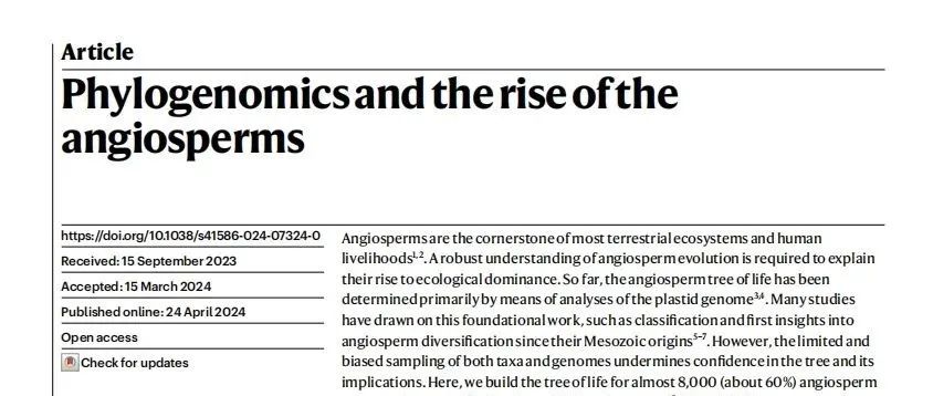 文献分享 | 通过系统发育基因组学解析9500个植物基因组，明确开花植物之间的进化关系。
