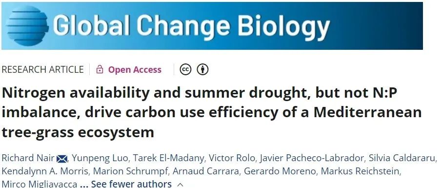 生态系统碳利用效率丨GLOBAL CHANGE BIOL：氮有效性和夏季干旱（而非氮磷失衡）驱动地中海树草生态系统的碳利用效率