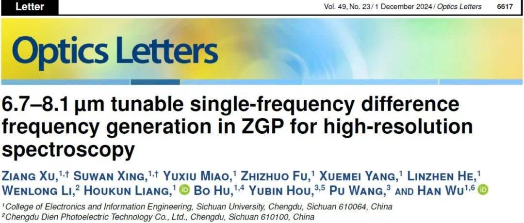 [文献速递Vol.286]-用于高分辨率光谱学的ZGP中6.7-8.1微米可调谐单频差频产生