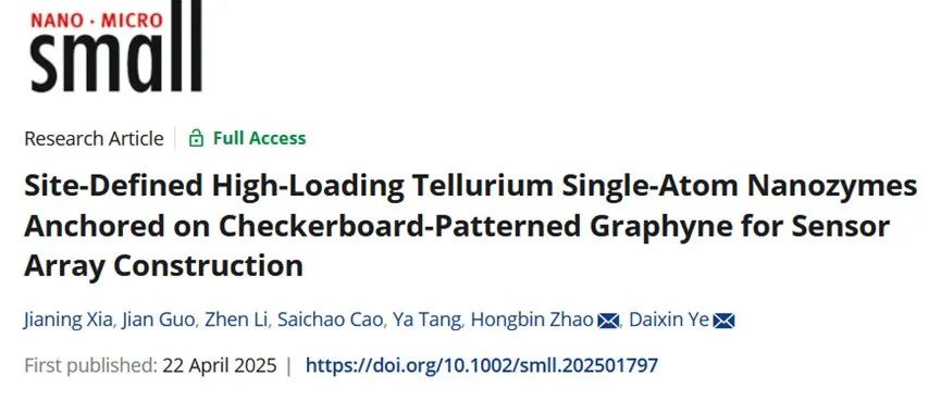 Small | 定位高负载的碲单原子纳米酶锚定于棋盘状石墨炔构建传感阵列