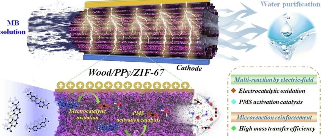 文献速递|中南林业科技大学CEJ:电场调控的木质/聚吡咯/ZIF-67微反应器，通过协同电催化/PMS活化实现高通量连续水净化