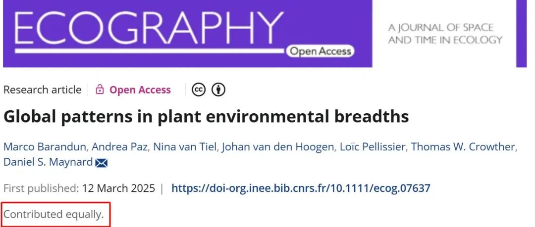 Ecography | 植物环境生态位宽度的全球格局