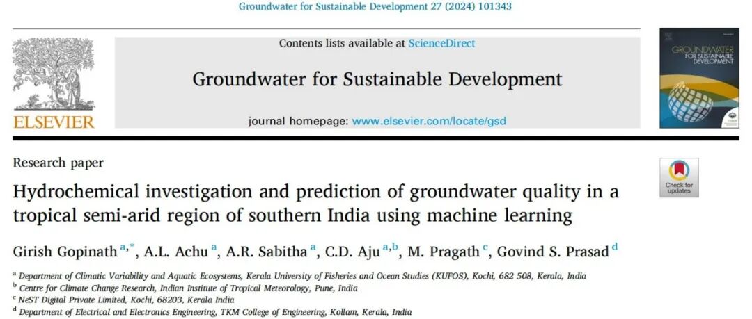 【文献精选】Groundwater for Sus Dev｜基于机器学习的印度南部热带半干旱区地下水水化学特征调查与水质预测