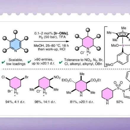 Nat. Chem.：利用铱（III）催化吡啶的离子氢化反应合成多取代哌啶