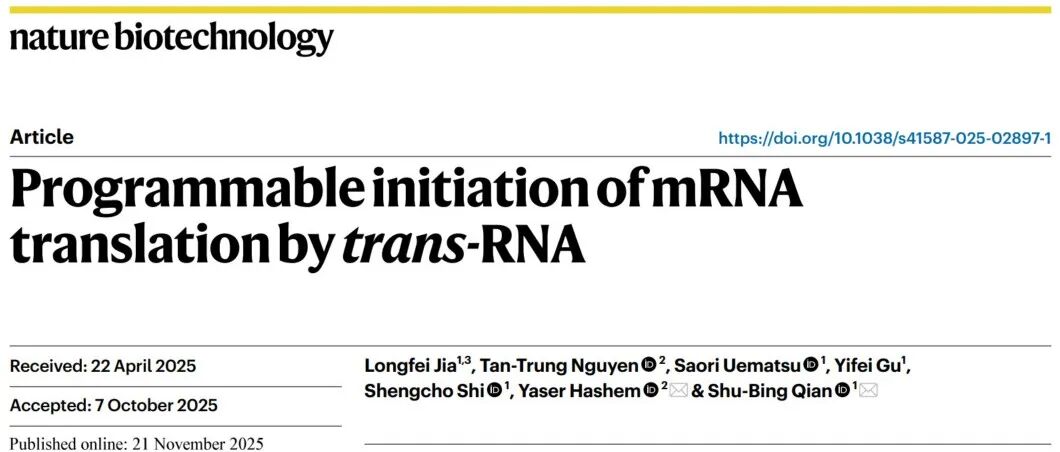 文献速递 | trans-RNA系统实现mRNA翻译起始的可编程调控