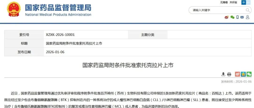 国家药监局附条件批准索托克拉片上市