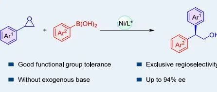 滁州学院陆晓雨课题组：镍催化的苯乙烯环氧化物与芳基硼酸的对映选择性Suzuki\u2212Miyaura型偶联反应