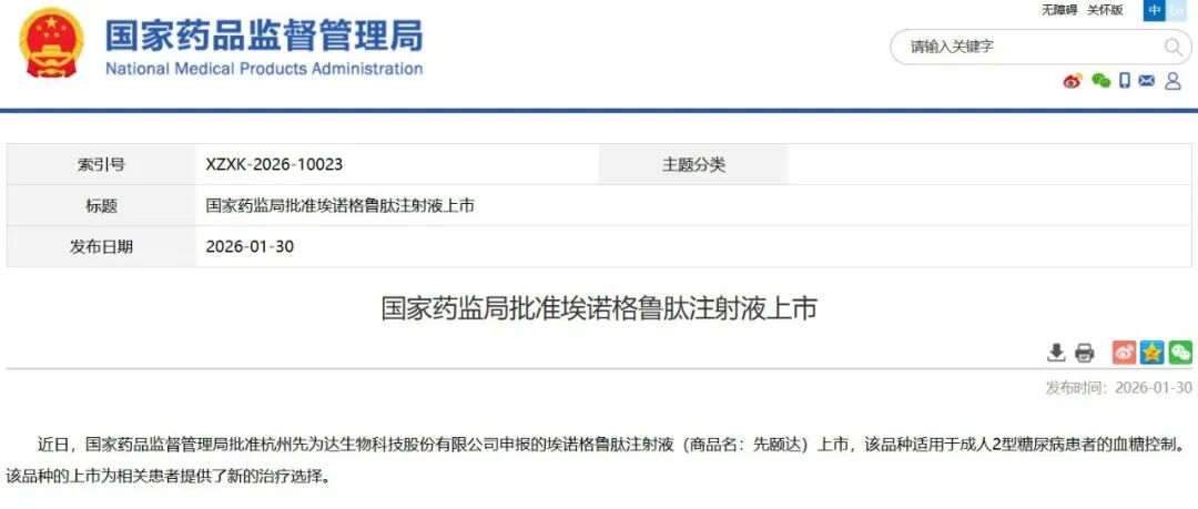 成人2型糖尿病新药埃诺格鲁肽注射液上市！