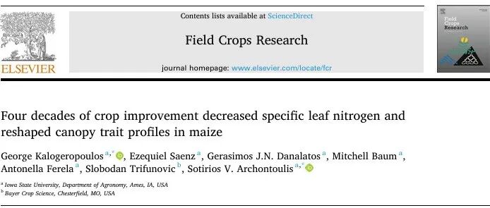 Field Crops Res. | 四十年的作物改良降低了玉米比叶氮含量并重塑了冠层性状特征