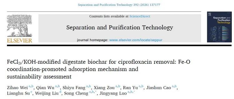 SPT Editor’s Choice │ 河海大学罗景阳教授团队：FeCl3/KOH改性消化液生物炭用于环丙沙星去除：Fe-O配位促进的吸附机制及可持续性评估