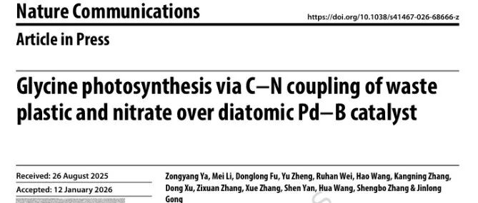天津大学发表Nature Communications：通过Pd–B双原子催化剂实现废塑料与硝酸盐通过C–N偶联实现甘氨酸的光合成