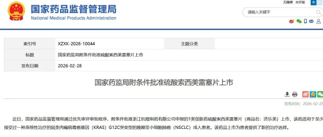 非小细胞肺癌新药硫酸索西美雷塞获批上市!