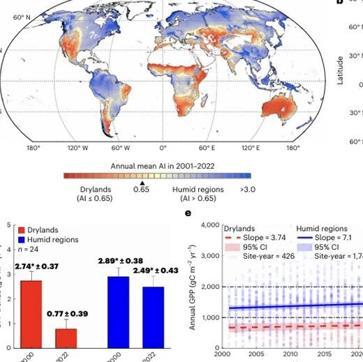 继Science，中国农科院草原所李飞团队在Nature Geoscience证实全球干旱区植被光合碳吸收增长失速，水分限制在更大范围限制陆地碳汇潜力