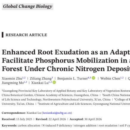 Global Change Biology | 氮沉降增强热区根系分泌，促进土壤磷活化