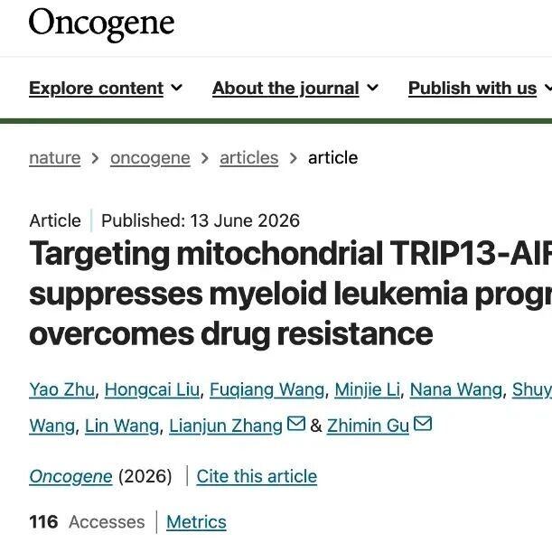 Oncogene | 顾志敏/张连军揭示靶向TRIP13-AIF互作克服AML耐药的新机制